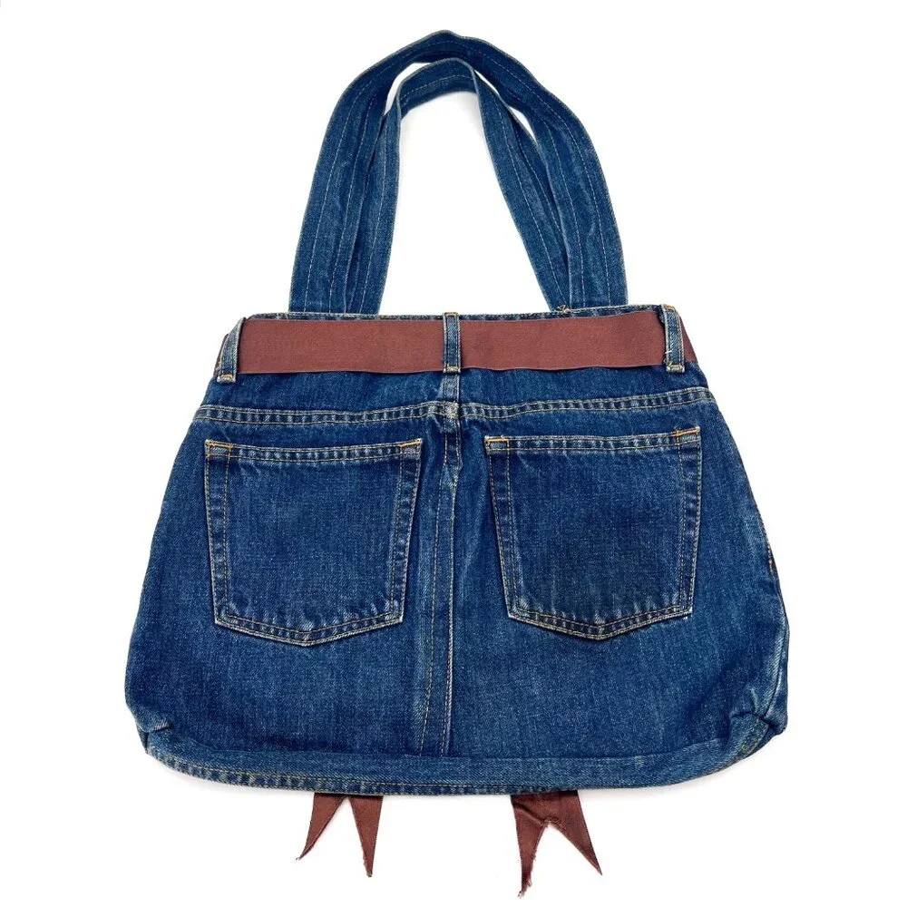 Upcycled Denim Handbag Purse Chic Beaded Pockets & Brown Ribbon FM Jeans Button - Picture 6 of 14